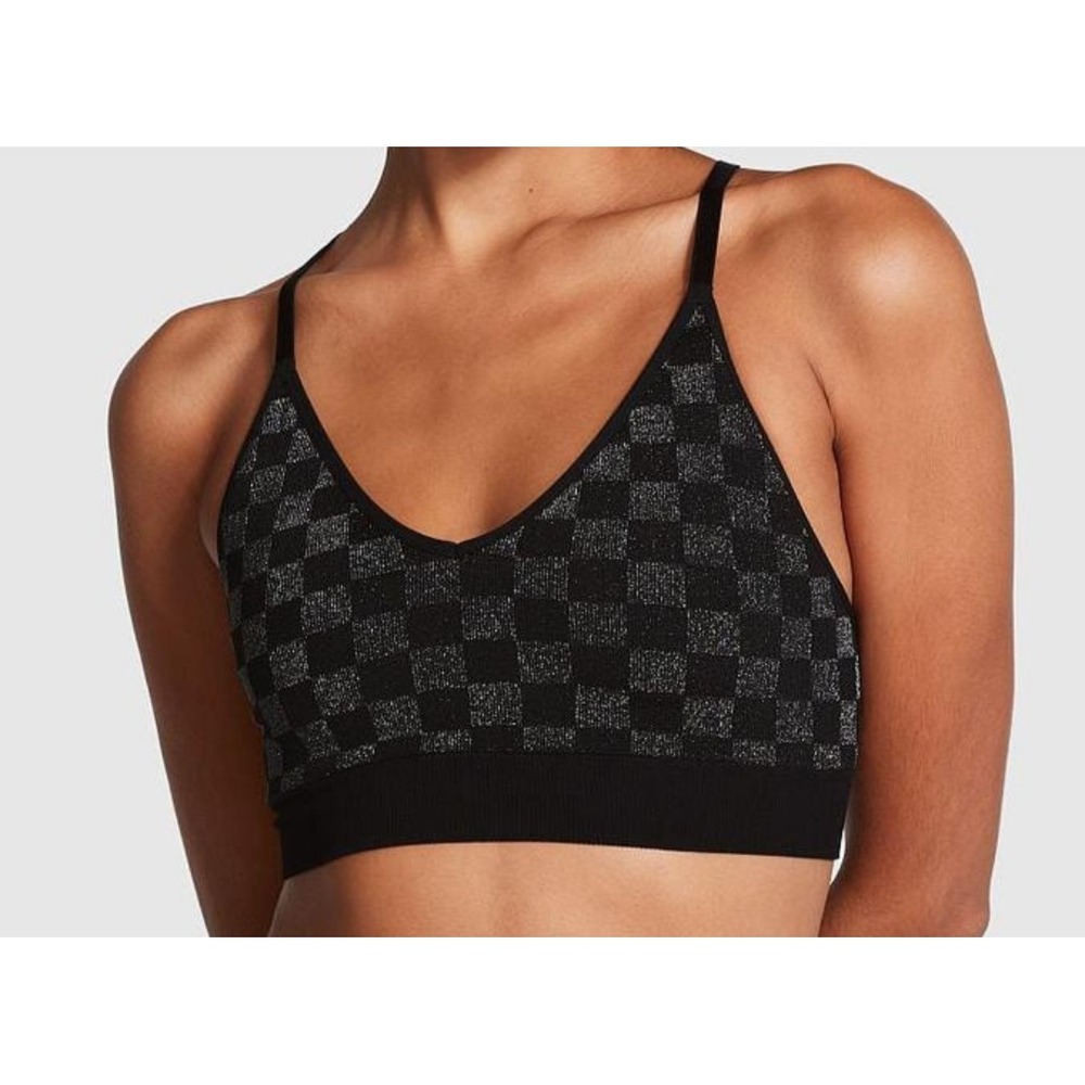 VS Pink Active Black Silver Shimmer Checkered Seamless Lightly Lined Sports Bra